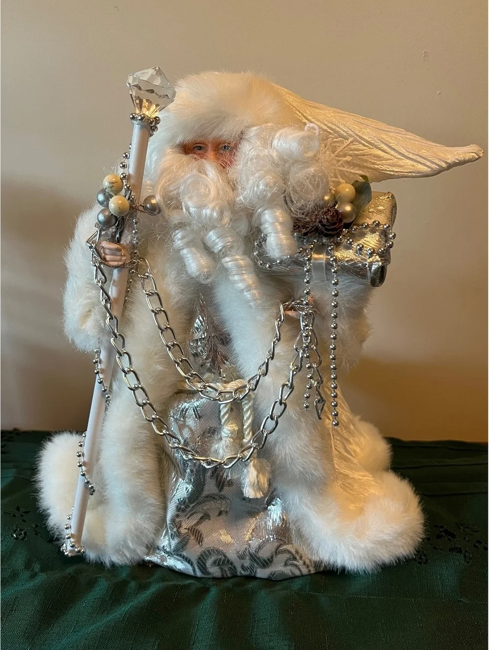 Father Christmas standing figure white faux fur cloak silver embellishments